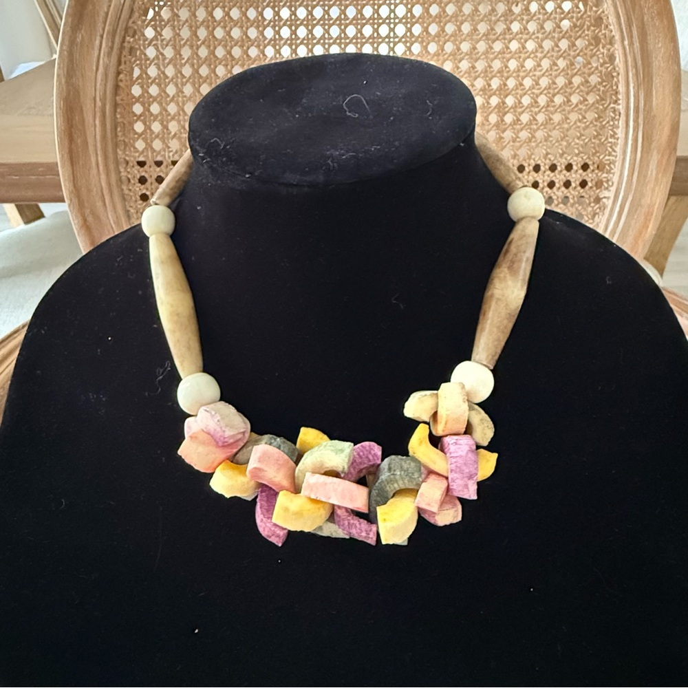 Multicolor Beaded Block Wood Necklace